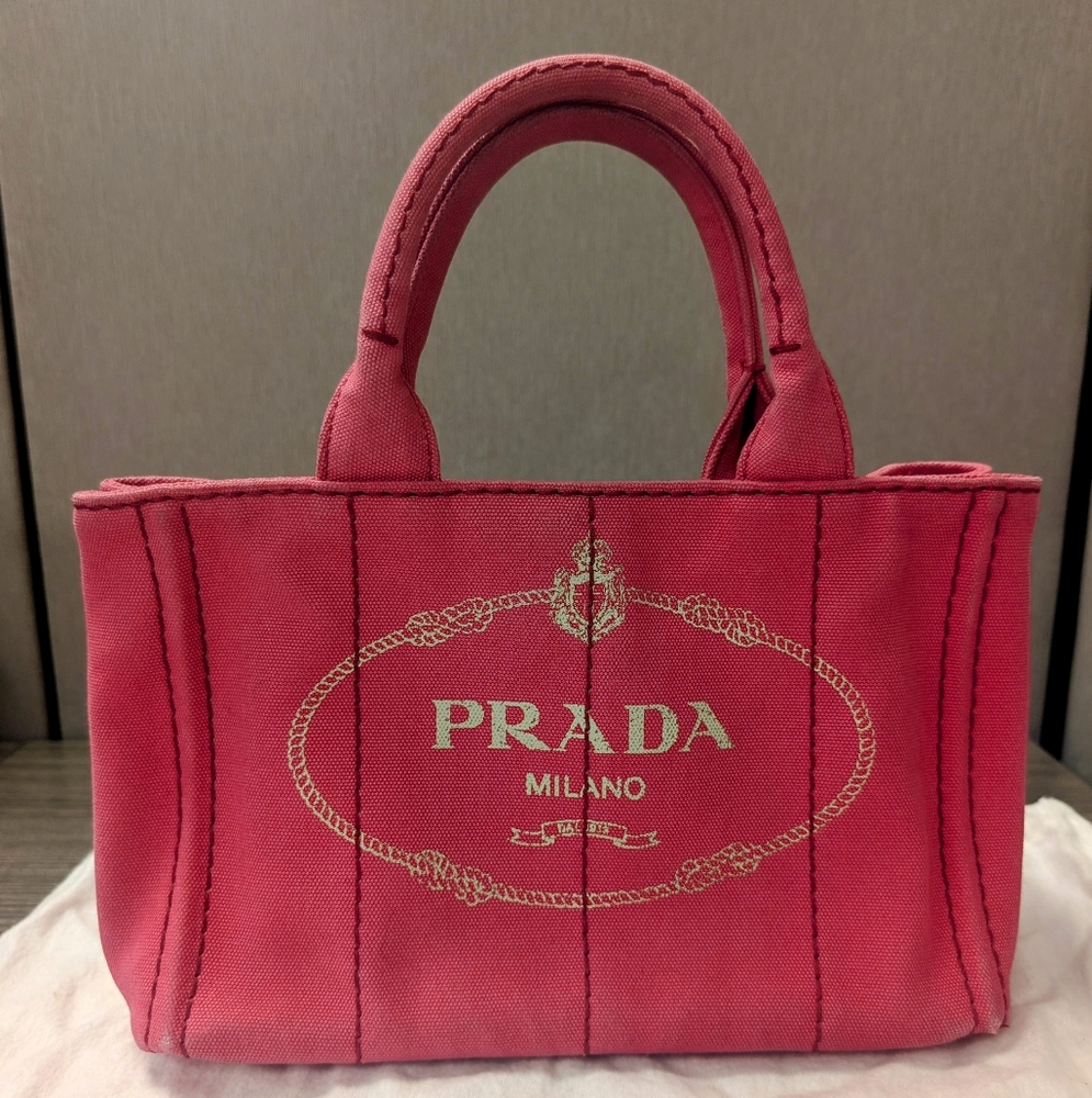 Prada Pink Mini Canapa Canvas Tote Bag With Original Strap And 2 Dust Bags